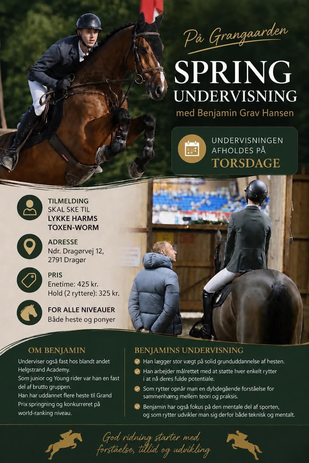 Information om springundervisning med Benjamin Grav Hansen på Grangaarden
