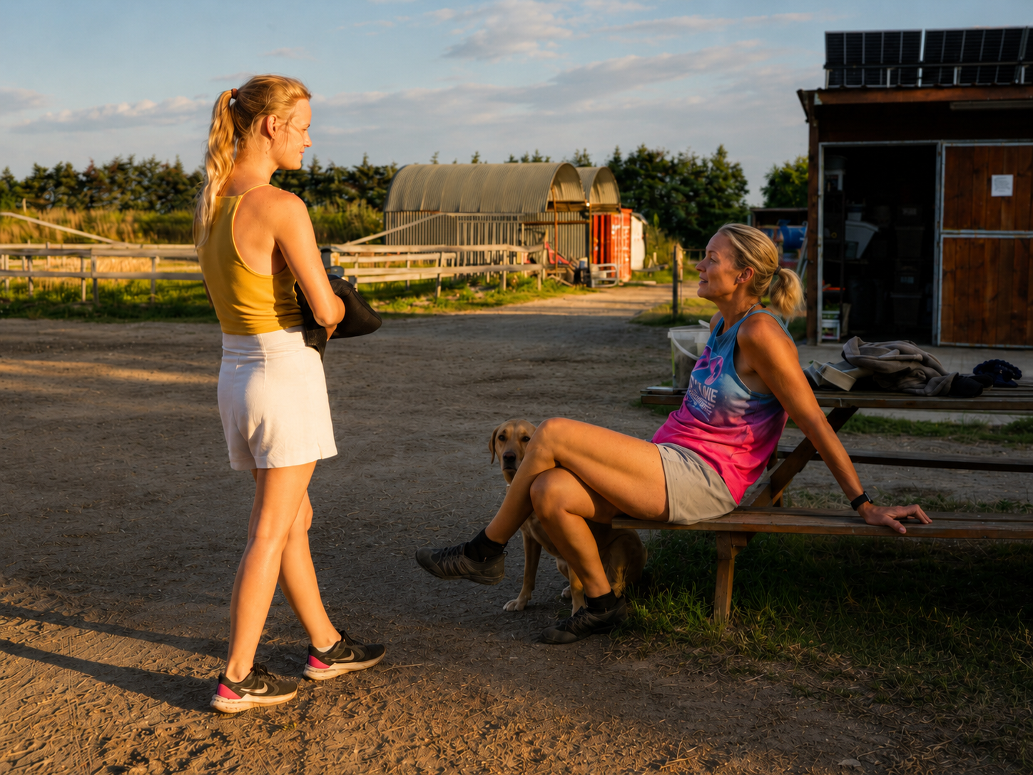 Samtale ved Grangaardens stalde i aftensol