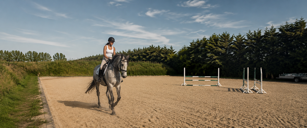 Rytter på Grangaardens store 26 x 65 meter udendørs ridebane