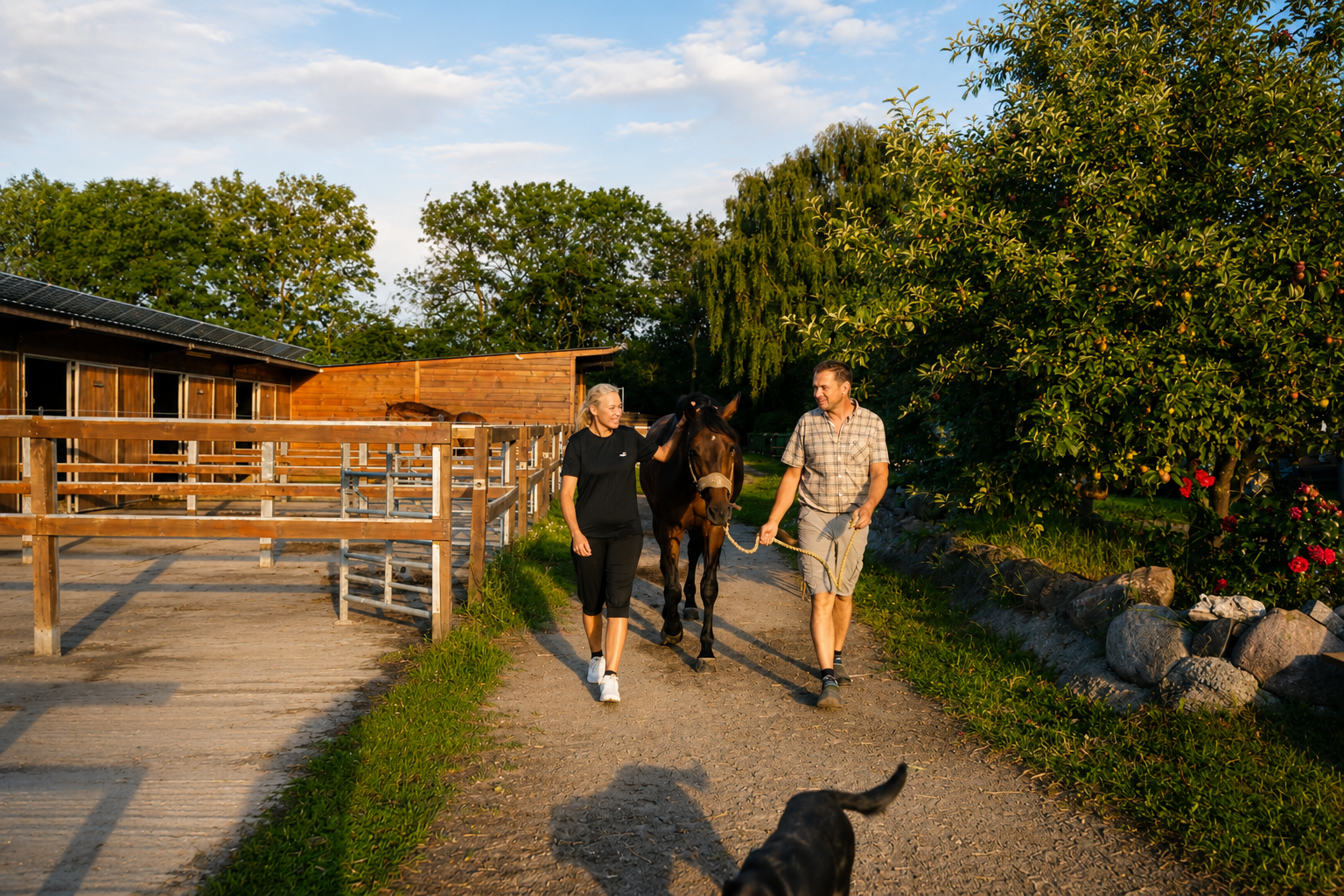Hest bliver trukket ved Grangaardens udebokse og paddocks