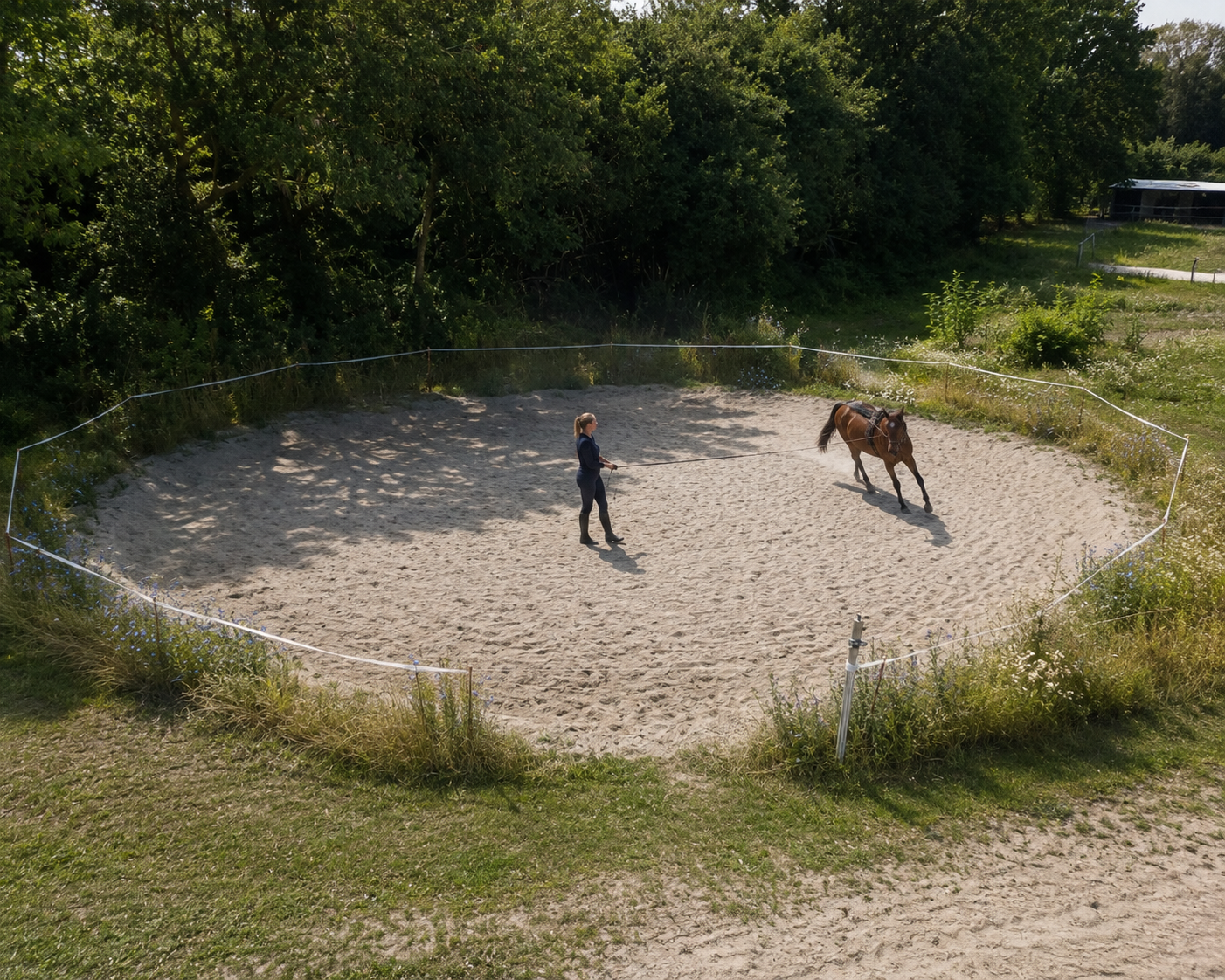 Hest trænes i Grangaardens 18 meter rotunde